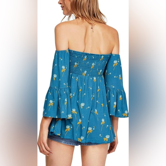 Free People Lana Floral Tunic Off Shoulder Smocked Bohemian Flowy Bell Sleeves - Picture 2 of 9